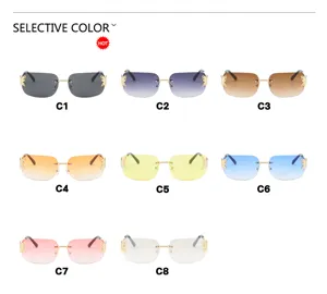 Variety of colorful rimless sunglasses with butterfly hinge details in 8 colors