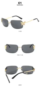 Multi-angle views of retro rimless sunglasses with gold butterfly side decorations