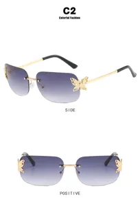 Detailed side and front views of vintage rimless sunglasses with purple gradient lenses.
