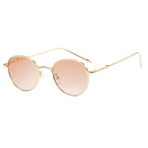 Vintage round metal sunglasses with gold frame and gradient tea tinted lenses for women
