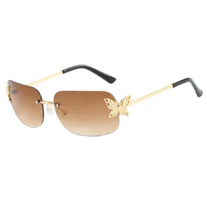 Retro rimless sunglasses with butterfly decor and brown gradient lenses for women