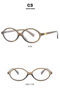 Detail view of stylish retro oval brown eyewear frames from side and positive angles
