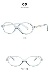 Retro oval transparent light blue glasses frames shown from front and side angles