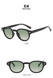 Vistas laterales y frontales detalladas de gafas de sol retro redondas negras
