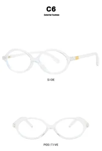 Detailed view of clear oval frame blue light blocking glasses from multiple angles