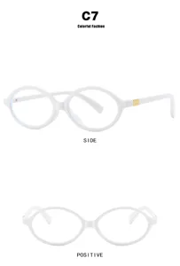 Side and front view of retro small oval white eyeglass frames with anti-blue light lenses