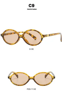 Detail view of retro oval tortoise shell glasses frames from side and front angles.