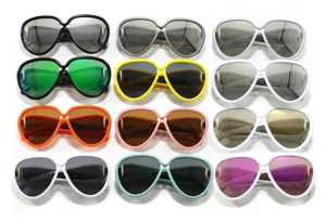Detailed grid view of oversized futuristic sunglasses in twelve vibrant colors