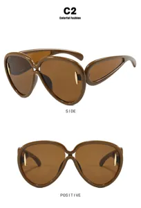 Oversized futuristic sunglasses for women in brown with side and front view displays