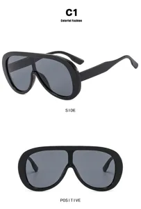 Detailed front and side views of oversized one-piece vintage sunglasses