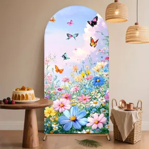 Arched backdrop cloth featuring spring flowers and butterflies for decorative party use