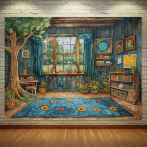 Cartoon wooden cabin study photography backdrop with sunflower rug and cozy illustration