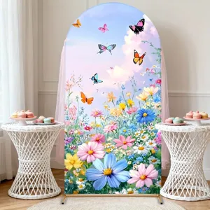 Vibrant spring floral and butterfly themed arched backdrop cover for party decorations