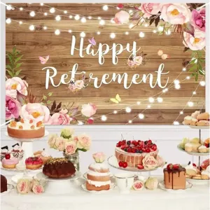Floral wood grain photography backdrop for retirement party with Happy Retirement script