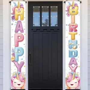 Bunte Cartoon Einhorn Happy Birthday Banner für die Dekoration von Kindergeburtstagen