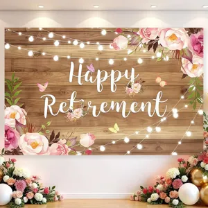 Vintage floral wood grain Happy Retirement party backdrop banner with string lights