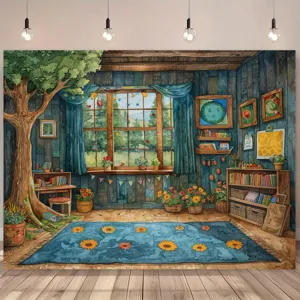 Cozy watercolor cartoon cabin study room photography backdrop for home decor