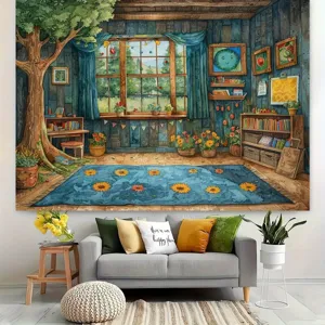 Cozy watercolor cartoon wooden cabin library photography backdrop for home wall decor