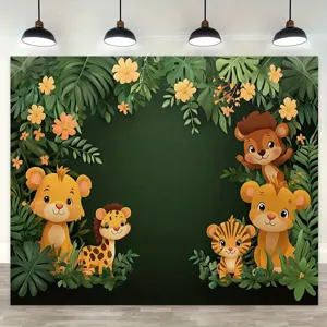 Cartoon Jungle Animal Theme Photography Backdrop Kids Birthday Party Decoration Forest Safari Lion Tiger Giraffe Polyester Banner Wall Hanging Tapestry