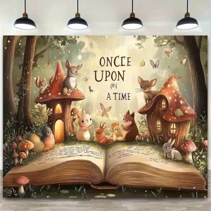 Fondo de Fotografía de Tema de Libro de Cuento de Hadas del Bosque Estampado de Animales de Casa de Hongos Tapiz de Pared