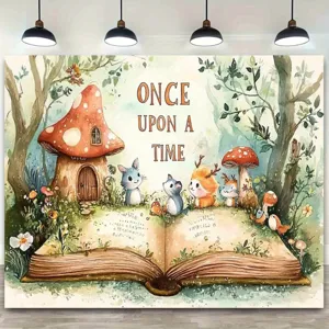 Fairytale Forest Mushroom House Photography Backdrop Polyester Cartoon Animals Book Tapestry For Kids Birthday Party Studio Decoration
