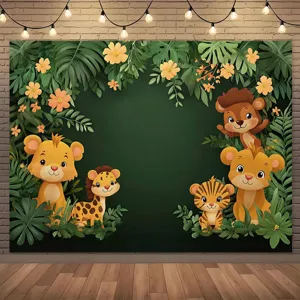 Large cartoon jungle animals photography backdrop for kids safari theme birthday party decor