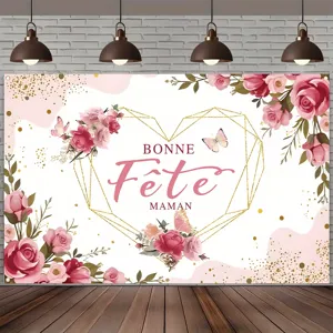 Fond de studio photo fête des mères français décoré de roses roses et un cœur doré