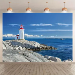 Sfondo fotografico faro costiero con cielo blu e mare per decorazione casa.