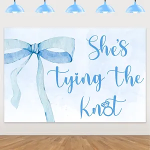 Light Blue Watercolor Bowknot Bridal Shower Backdrop She Is Tying The Knot Photography Background For Wedding Party Decoration