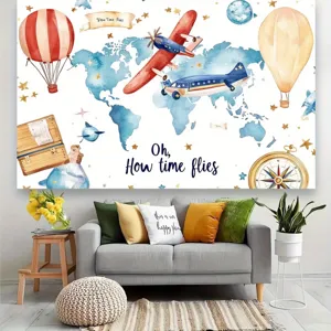 Watercolor world map backdrop with vintage airplanes and hot air balloons for kids