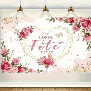 Fond photographique fleurs fête des mères avec cadre coeur et texte Bonne Fête Maman.