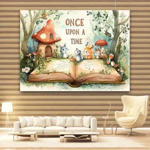 Whimsical fairy tale forest photography backdrop with mushroom house for kids party decor