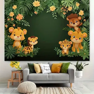 Professional cartoon jungle animal photography backdrop for kids birthday party room decor