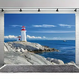 Fondale fotografico con tema faro, cielo blu e paesaggio costiero per decorazione di interni