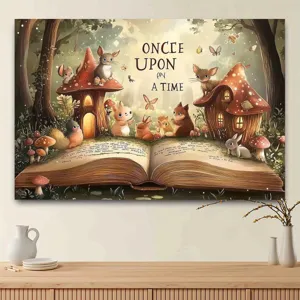 Fondo fotográfico de cuento de hadas con casa de setas y animales del bosque