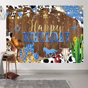 Retro wood grain Western cowboy theme birthday photography backdrop for party decoration.