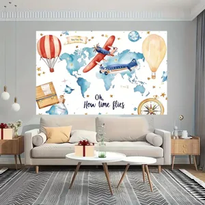 Vintage travel theme photography backdrop with airplanes, hot air balloons and world map.