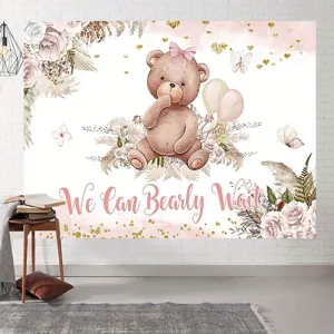 Sfondo fotografico boho con orso rosa e fiori per decorazione festa baby shower
