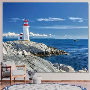 Sfondo fotografico di faro costiero con cielo blu e mare tappezzeria da parete