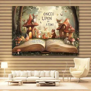 Fondo de cuento de hadas del bosque con casa seta e impresión animal para decoración