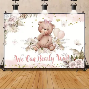 Sfondo fotografico orsetto rosa e fiori per decorazione festa nascita bambina