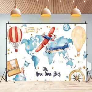 Adventure travel theme photography backdrop with vintage airplanes and hot air balloons