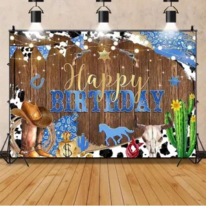 Retro wood grain Western Cowboy theme Happy Birthday photography backdrop cloth for parties