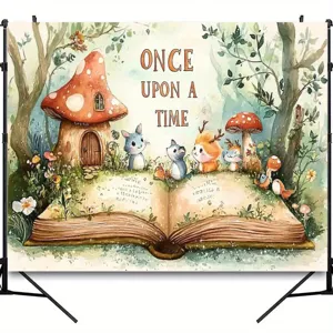 Fairytale forest theme photography backdrop with mushroom house and cute animals design