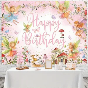 Fondo fotográfico de hadas florales Happy Birthday para decoración de fiesta infantil