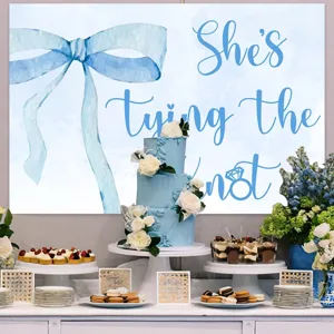 Romantic light blue watercolor bow bridal shower backdrop with She's tying the knot text