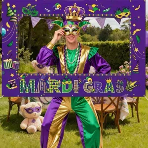 Mardi Gras Festival Party Backdrop Purple Mask Crown Pattern Polyester Pongee Photography Background Banner For Carnival Event Decor