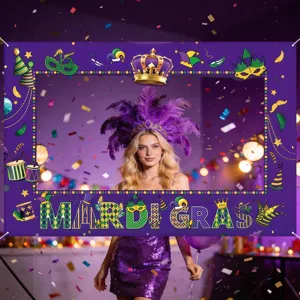 Vibrant Mardi Gras themed photography backdrop frame for festive carnival party decorations