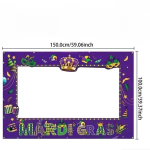 Festive Mardi Gras party photo booth backdrop frame with masks and crowns, 150x100cm