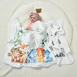 Soft cartoon animal print baby milestone blanket for monthly growth photography sessions